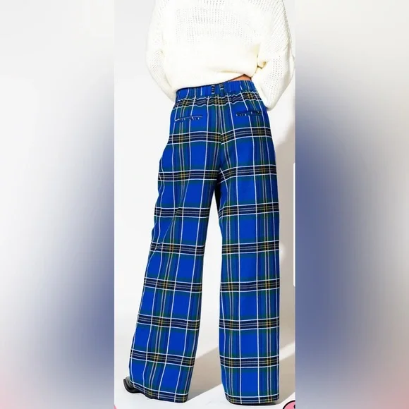 Dressed in Lala Lovers Lane Plaid Wide Leg Trousers in Cobalt Blue - Picture 2 of 6